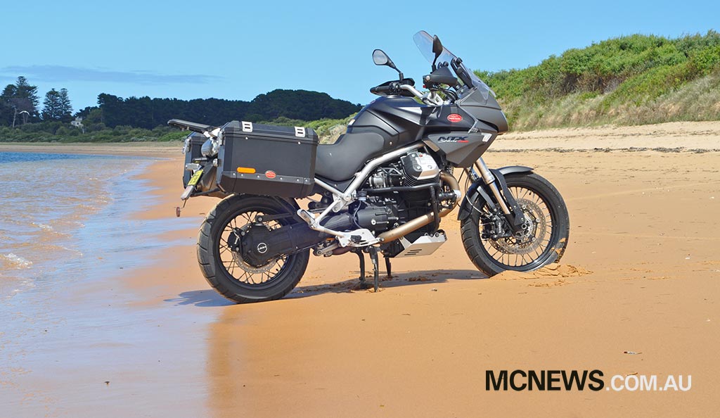 The 2011 Moto Guzzi Stelvio NTX on the beach at Phillip Island